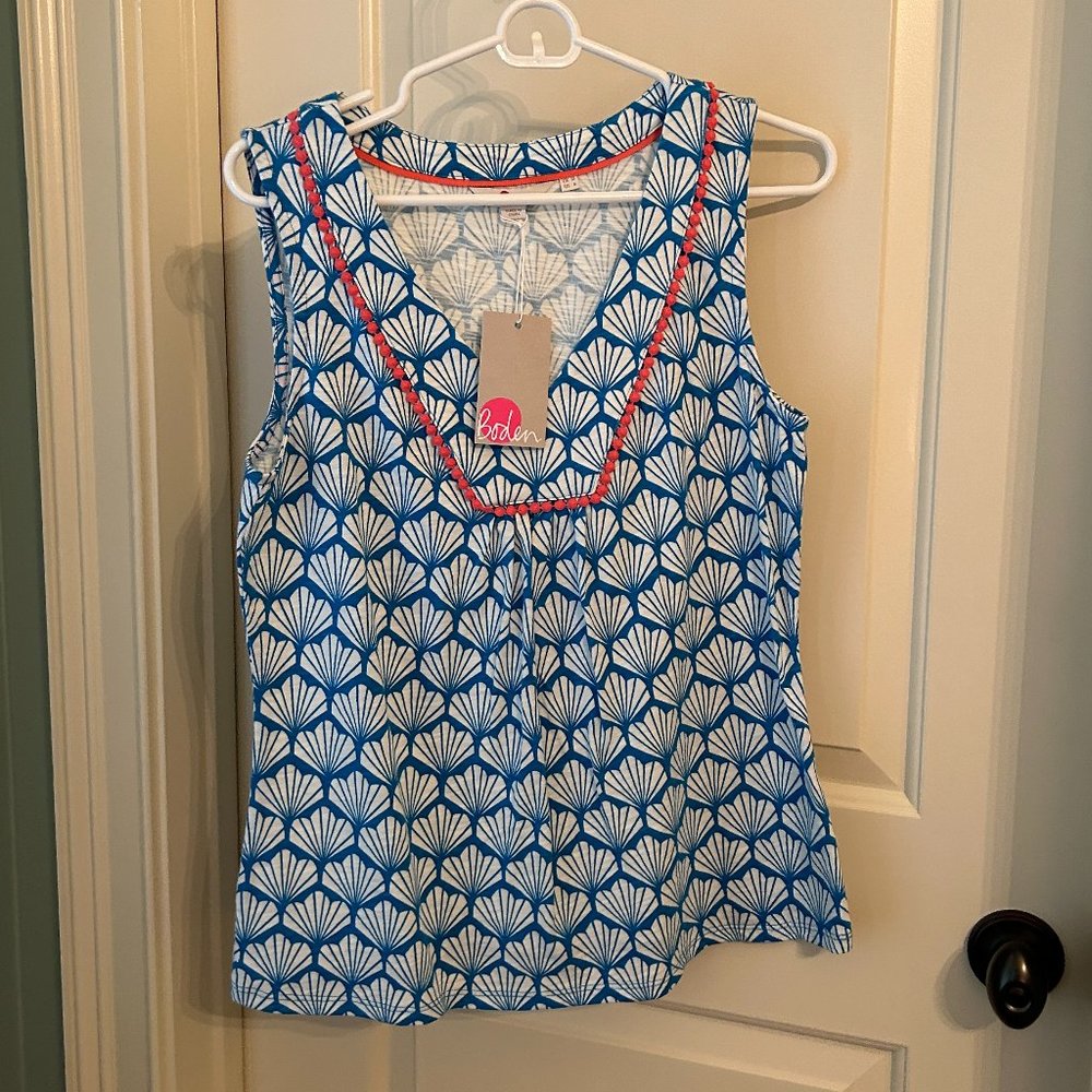 New Boden Sleeveless V-Neck T - Blue, White and Pink Print